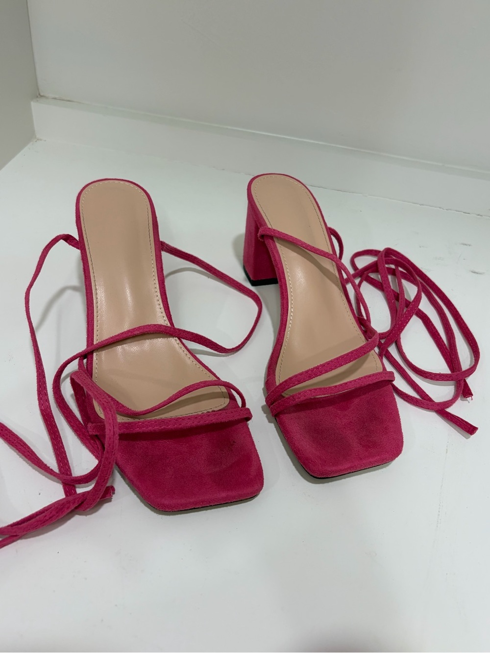 Women’s Fuchsia Suede Block Heel Sandals with Wrap Straps